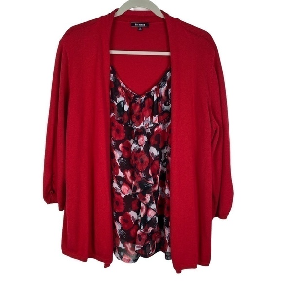 Elementz Floral‎ Sheer 2-Layer Ruffle Open Sweater Cardigan Women's XL Red Black - Picture 8 of 11
